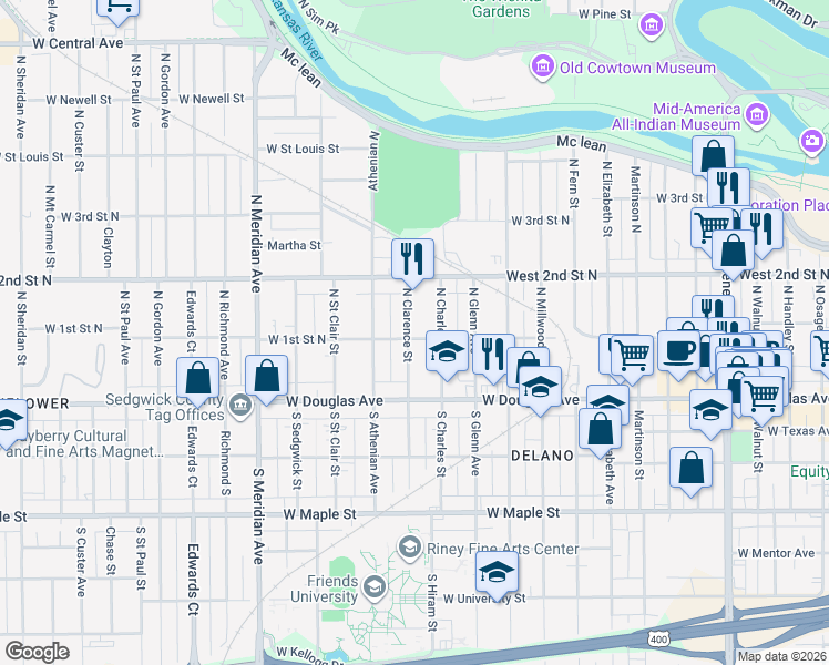 map of restaurants, bars, coffee shops, grocery stores, and more near 200 North Clarence Street in Wichita