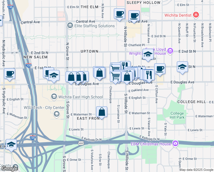 map of restaurants, bars, coffee shops, grocery stores, and more near 2915 East Douglas Avenue in Wichita