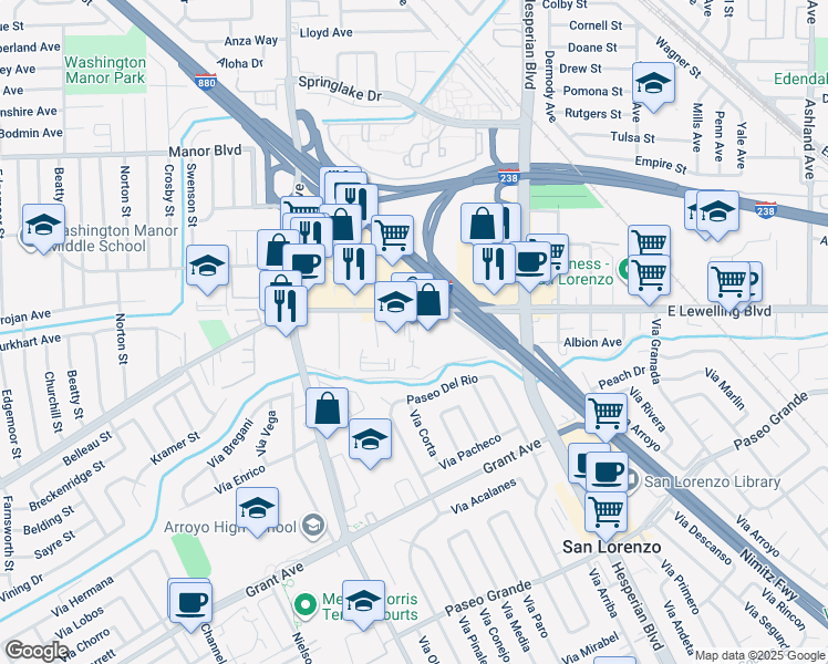 map of restaurants, bars, coffee shops, grocery stores, and more near 544 Lewelling Boulevard in San Leandro