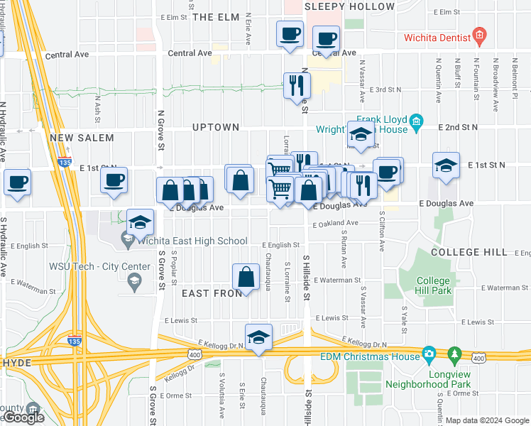 map of restaurants, bars, coffee shops, grocery stores, and more near 2925 East Douglas Avenue in Wichita