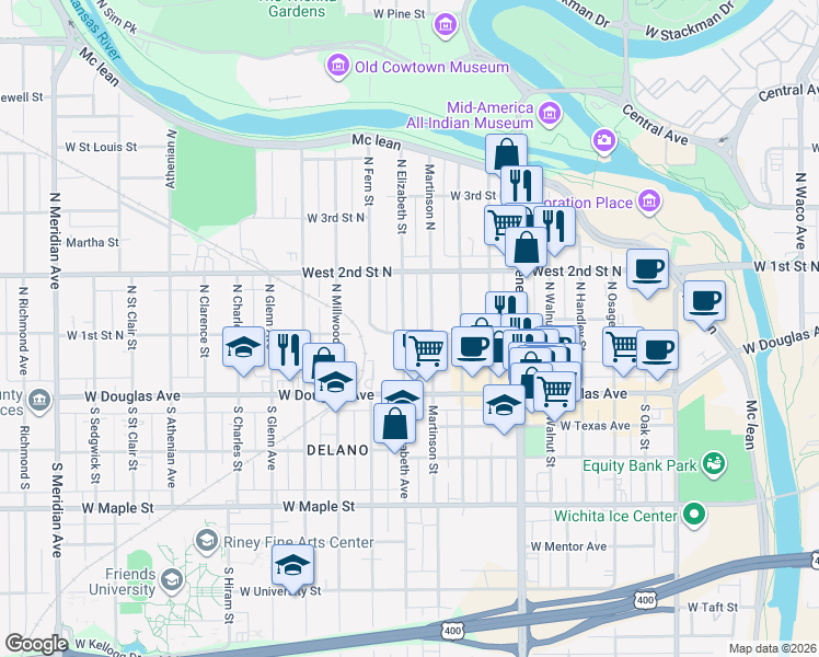 map of restaurants, bars, coffee shops, grocery stores, and more near 204 North Elizabeth Street in Wichita