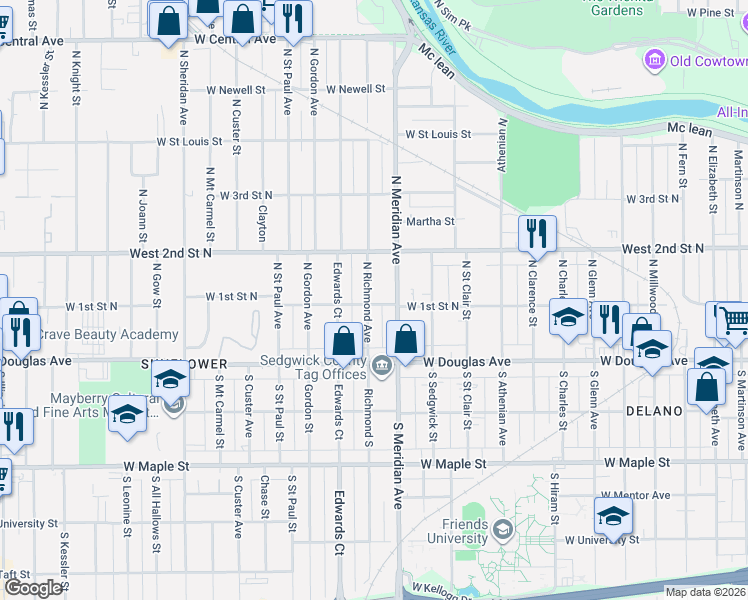 map of restaurants, bars, coffee shops, grocery stores, and more near 204 Richmond North in Wichita