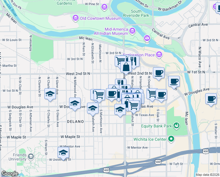 map of restaurants, bars, coffee shops, grocery stores, and more near 1206 West 1st Street North in Wichita