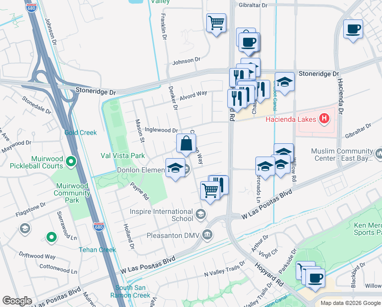 map of restaurants, bars, coffee shops, grocery stores, and more near 4253 Dorman Road in Pleasanton