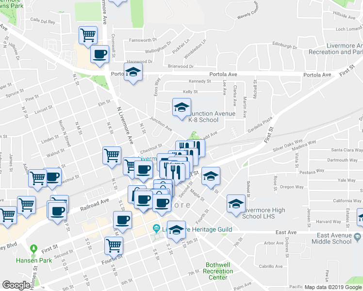 map of restaurants, bars, coffee shops, grocery stores, and more near 269 Junction Avenue in Livermore