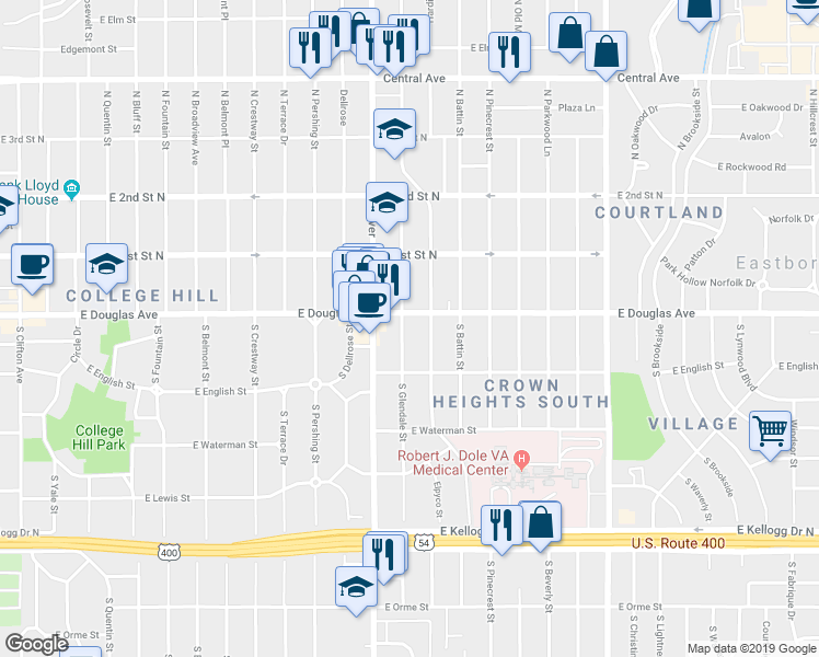 map of restaurants, bars, coffee shops, grocery stores, and more near 112 South Glendale Street in Wichita
