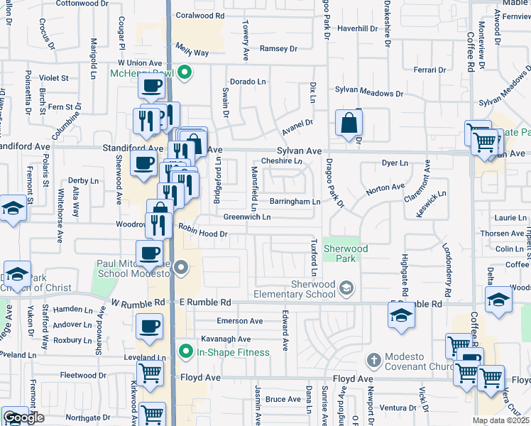map of restaurants, bars, coffee shops, grocery stores, and more near 409 Greenwich Lane in Modesto
