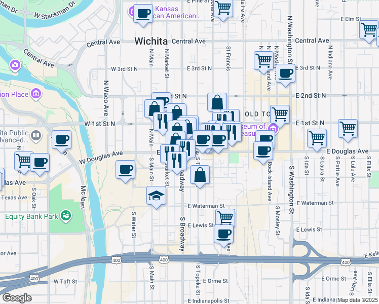 map of restaurants, bars, coffee shops, grocery stores, and more near 325 East Douglas Avenue in Wichita