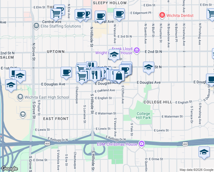 map of restaurants, bars, coffee shops, grocery stores, and more near 3407 East Douglas Avenue in Wichita