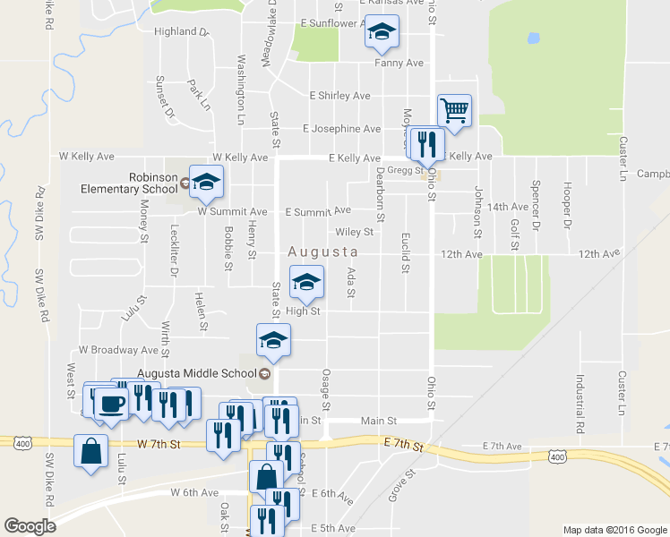 map of restaurants, bars, coffee shops, grocery stores, and more near 1142 Osage Street in Augusta