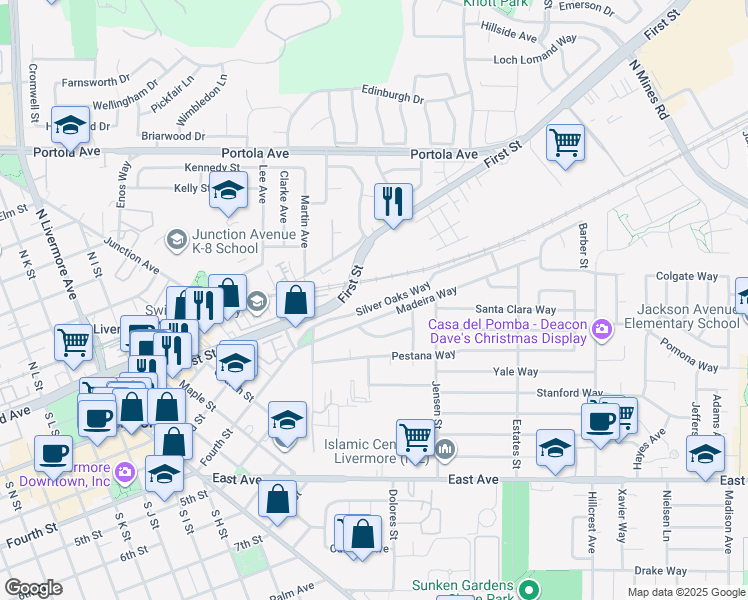 map of restaurants, bars, coffee shops, grocery stores, and more near 3588 Silver Oaks Way in Livermore