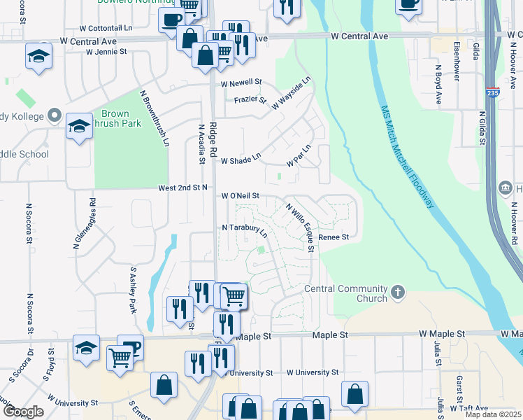 map of restaurants, bars, coffee shops, grocery stores, and more near 6923 West Oneil Court in Wichita