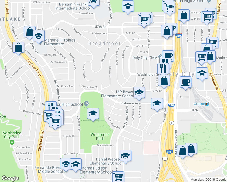 map of restaurants, bars, coffee shops, grocery stores, and more near 72 Zita Manor in Daly City