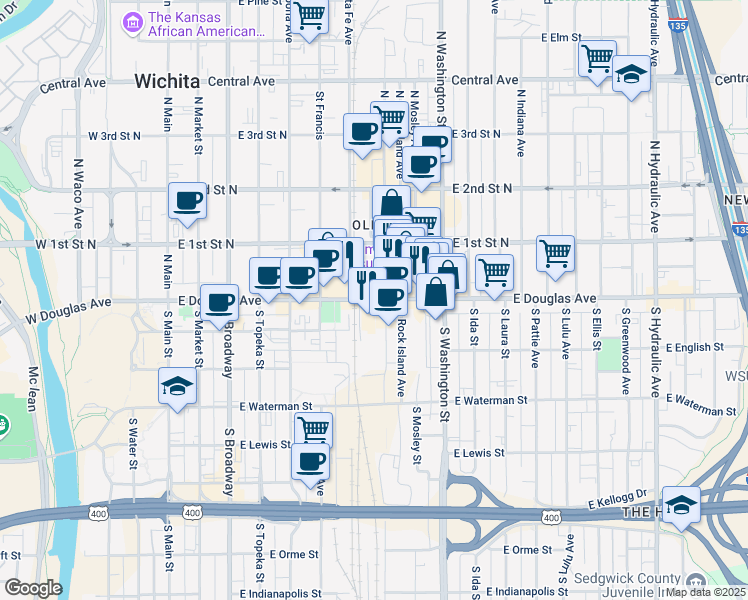 map of restaurants, bars, coffee shops, grocery stores, and more near 729 East Douglas Avenue in Wichita