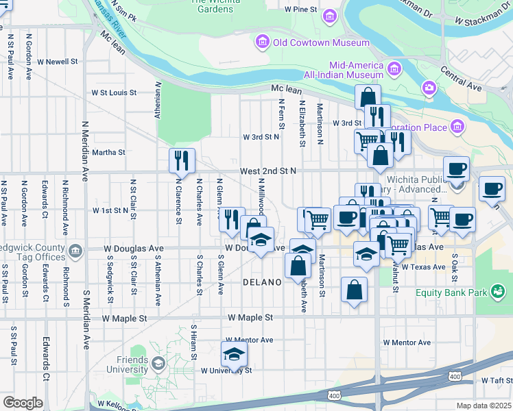 map of restaurants, bars, coffee shops, grocery stores, and more near 203 Millwood North in Wichita