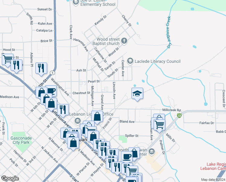 map of restaurants, bars, coffee shops, grocery stores, and more near 595 Chestnut Street in Lebanon