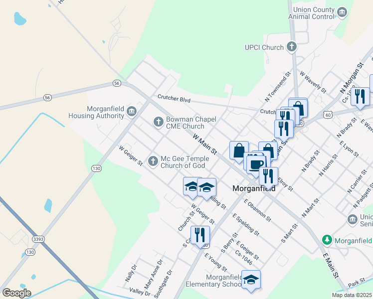 map of restaurants, bars, coffee shops, grocery stores, and more near 515 West O'Bannon Street in Morganfield