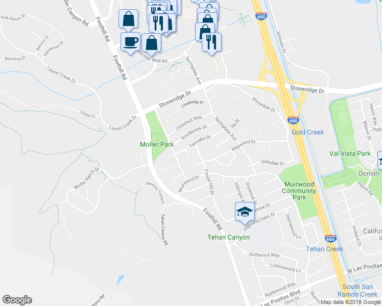 map of restaurants, bars, coffee shops, grocery stores, and more near 5367 Midvale Court in Pleasanton