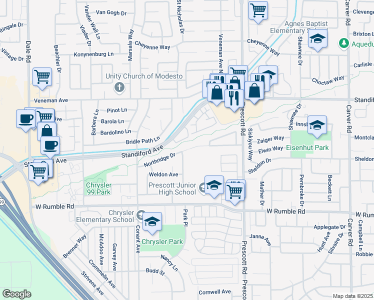 map of restaurants, bars, coffee shops, grocery stores, and more near Northridge Drive in Modesto