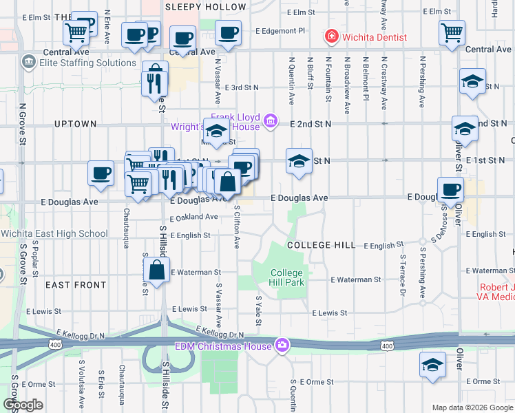 map of restaurants, bars, coffee shops, grocery stores, and more near 3751 East Douglas Avenue in Wichita