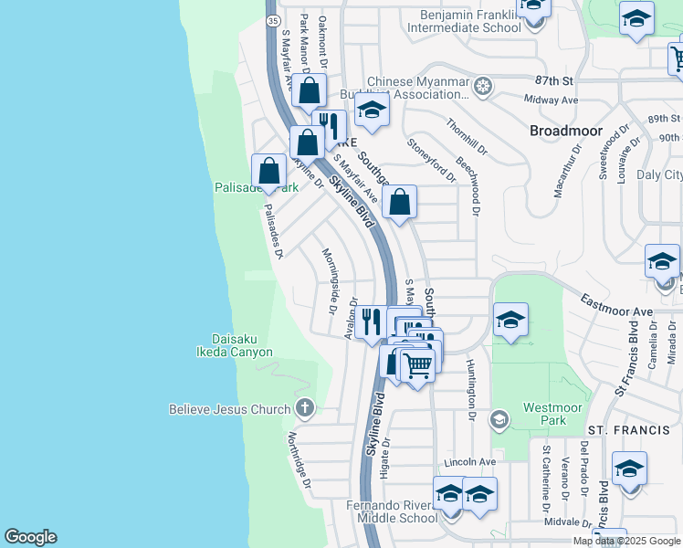 map of restaurants, bars, coffee shops, grocery stores, and more near 87 Morningside Dr in Daly City