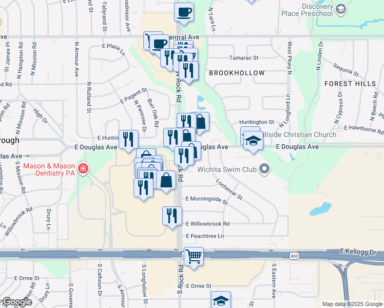 map of restaurants, bars, coffee shops, grocery stores, and more near 8017 East Douglas Avenue in Wichita