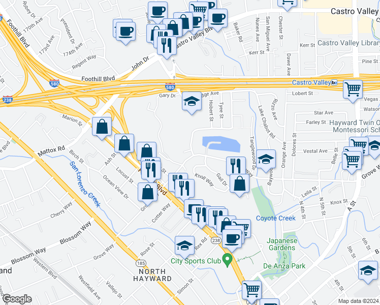 map of restaurants, bars, coffee shops, grocery stores, and more near 21493 Bedford Drive in Castro Valley