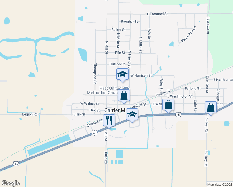 map of restaurants, bars, coffee shops, grocery stores, and more near 204 North Main Street in Carrier Mills