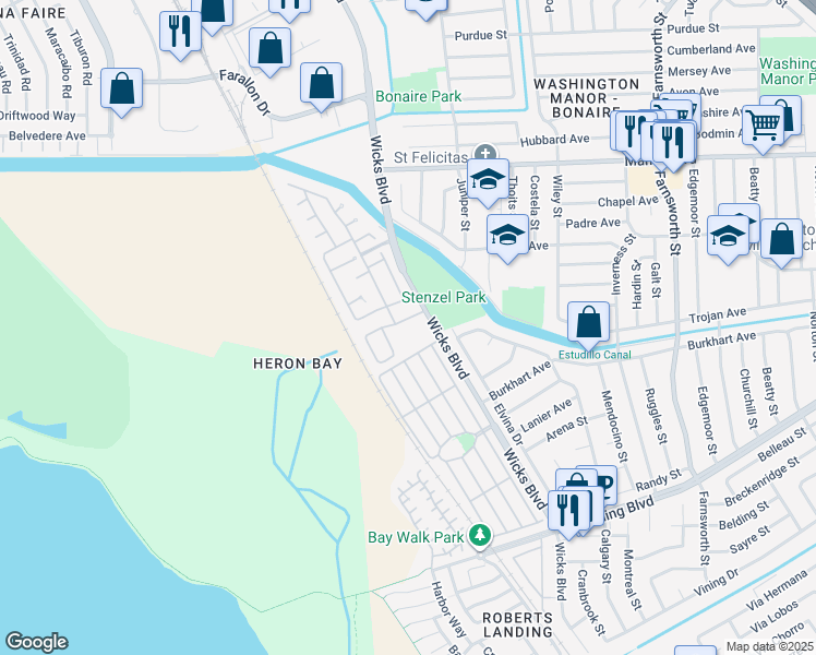 map of restaurants, bars, coffee shops, grocery stores, and more near 15301 Wicks Boulevard in San Leandro