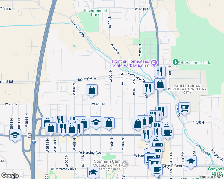 map of restaurants, bars, coffee shops, grocery stores, and more near 496 North 400 West in Cedar City