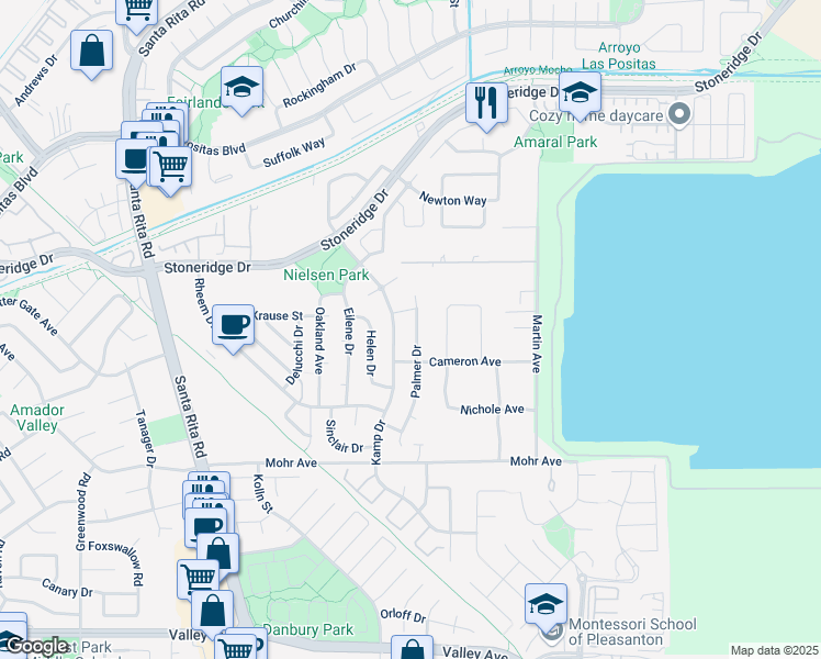 map of restaurants, bars, coffee shops, grocery stores, and more near 2058 Palmer Drive in Pleasanton