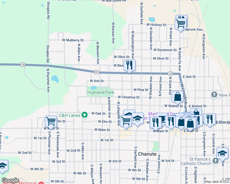 map of restaurants, bars, coffee shops, grocery stores, and more near 416 North Kansas Avenue in Chanute