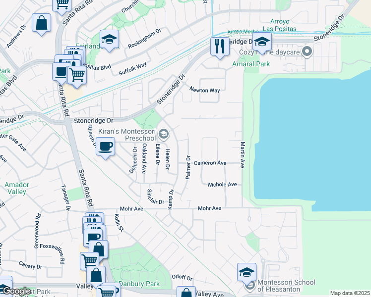 map of restaurants, bars, coffee shops, grocery stores, and more near 2058 Palmer Drive in Pleasanton