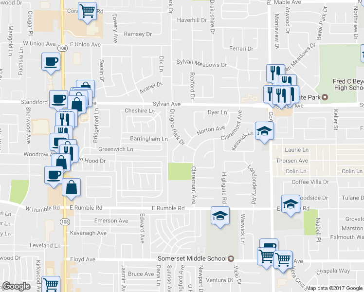 map of restaurants, bars, coffee shops, grocery stores, and more near 3413 Dragoo Park Drive in Modesto