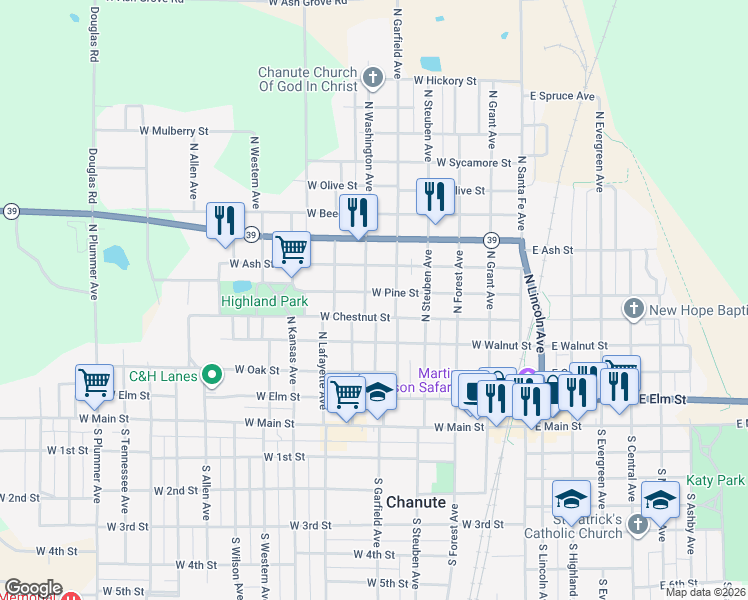 map of restaurants, bars, coffee shops, grocery stores, and more near 400 West Pine Street in Chanute