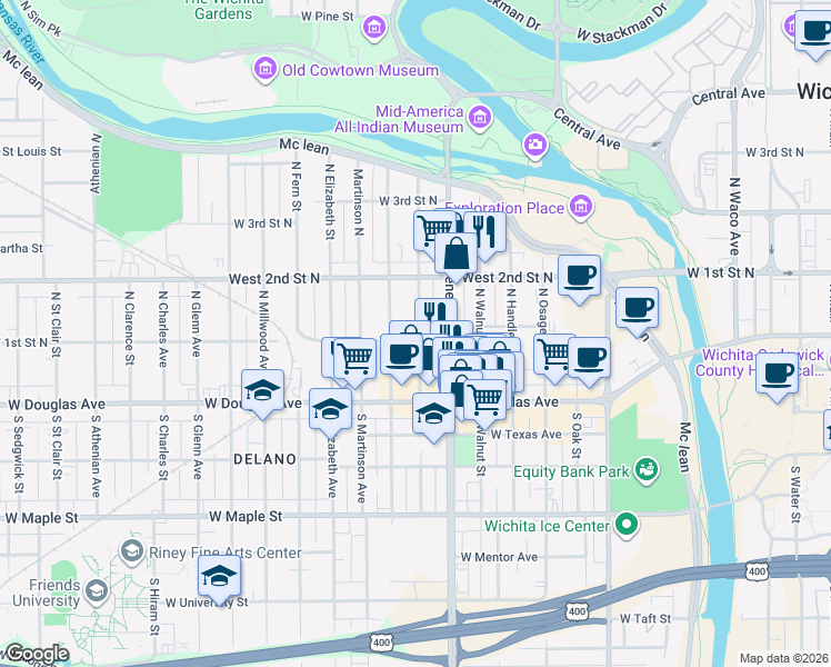 map of restaurants, bars, coffee shops, grocery stores, and more near 1206 West 1st Street North in Wichita
