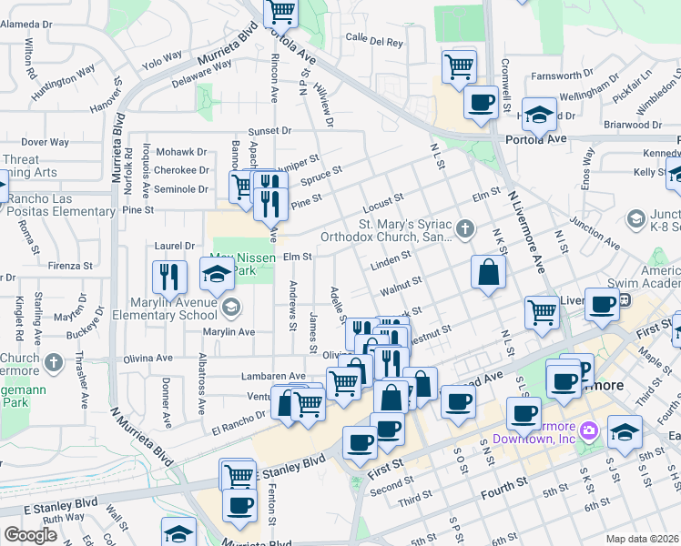 map of restaurants, bars, coffee shops, grocery stores, and more near 644 Adelle Street in Livermore
