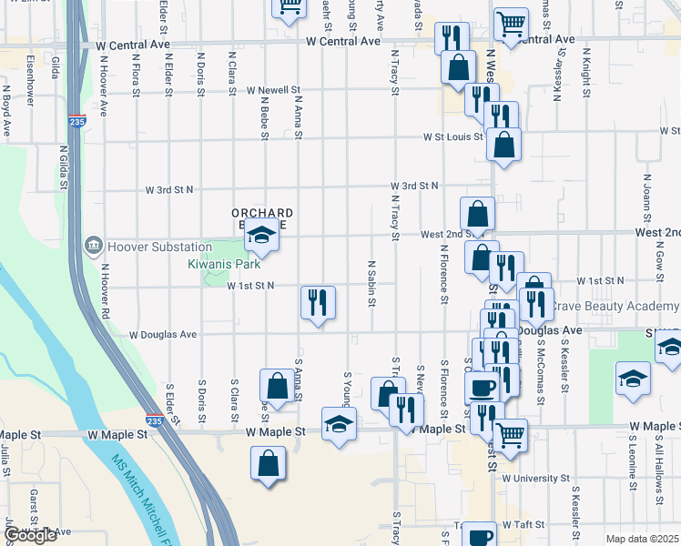 map of restaurants, bars, coffee shops, grocery stores, and more near 207 North Young Street in Wichita