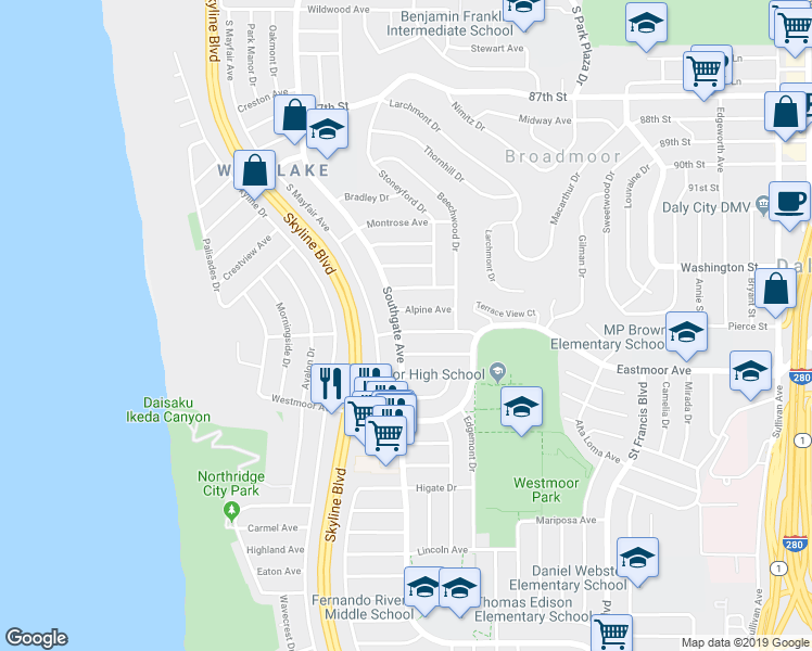 map of restaurants, bars, coffee shops, grocery stores, and more near 92 Ocean Grove Avenue in Daly City