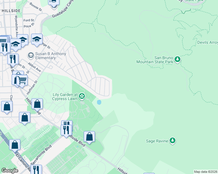 map of restaurants, bars, coffee shops, grocery stores, and more near 89 Yacht Lane in Daly City