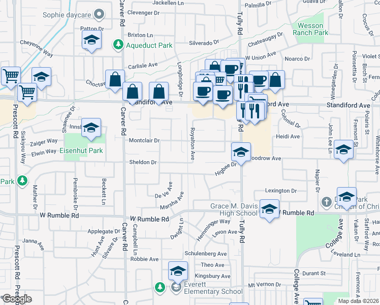 map of restaurants, bars, coffee shops, grocery stores, and more near 3305 Royalton Avenue in Modesto