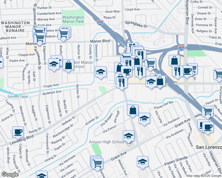 map of restaurants, bars, coffee shops, grocery stores, and more near 747 Lewelling Boulevard in San Leandro