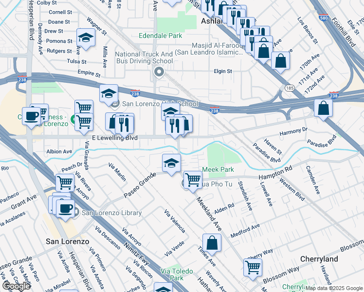map of restaurants, bars, coffee shops, grocery stores, and more near 16860 Meekland Ave in San Lorenzo