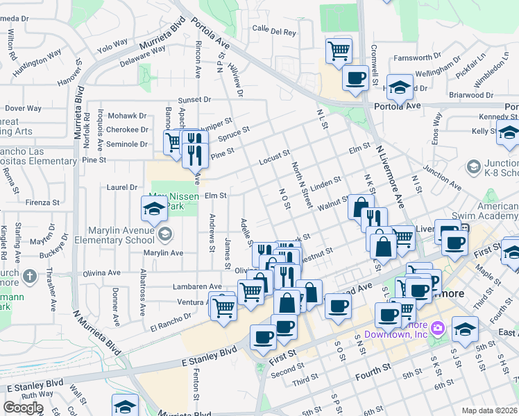 map of restaurants, bars, coffee shops, grocery stores, and more near 590 North P Street in Livermore