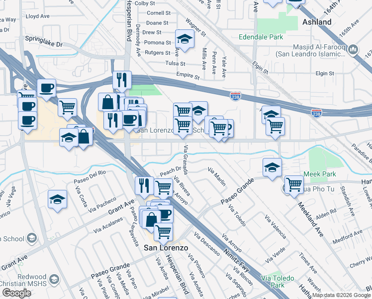 map of restaurants, bars, coffee shops, grocery stores, and more near 15619 Vía Granada in San Lorenzo