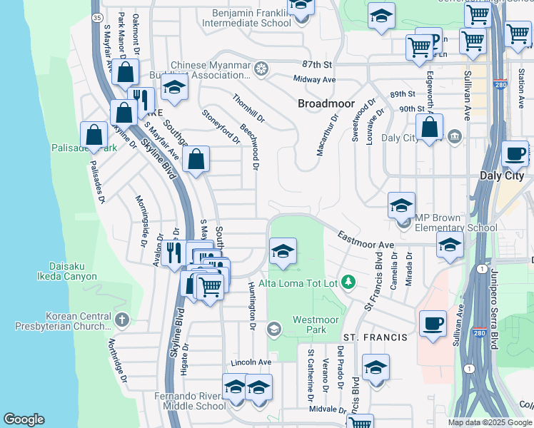 map of restaurants, bars, coffee shops, grocery stores, and more near 15 Eastmoor Avenue in Daly City