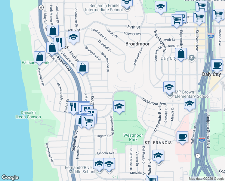 map of restaurants, bars, coffee shops, grocery stores, and more near 15 Eastmoor Avenue in Daly City
