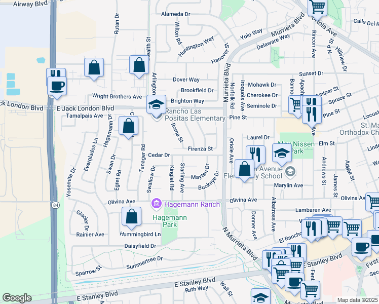 map of restaurants, bars, coffee shops, grocery stores, and more near 542 Cedar Drive in Livermore