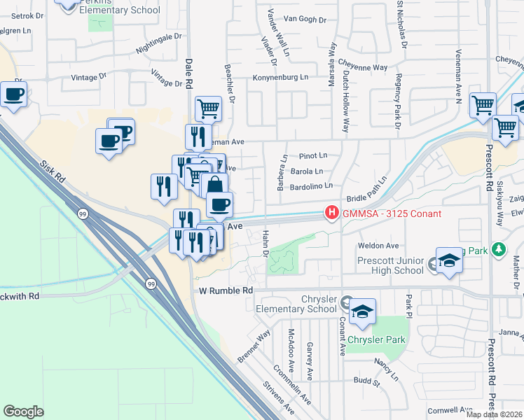 map of restaurants, bars, coffee shops, grocery stores, and more near 2800 Braden Avenue in Modesto