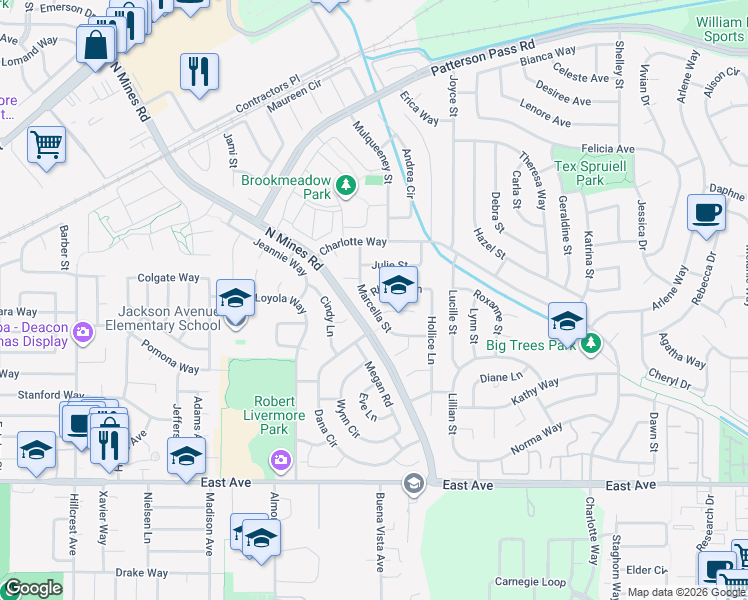 map of restaurants, bars, coffee shops, grocery stores, and more near 4801 Rhonda Lane in Livermore